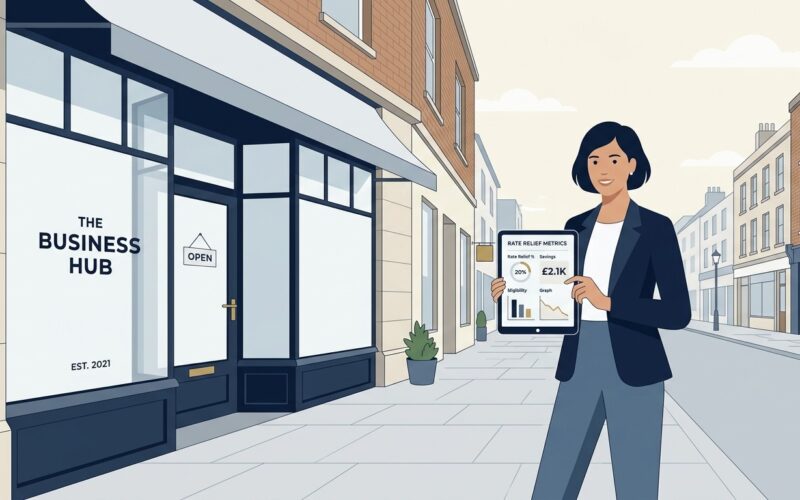 Small business rates relief UK guide showing small business owner analyzing commercial property rateable values and local council relief