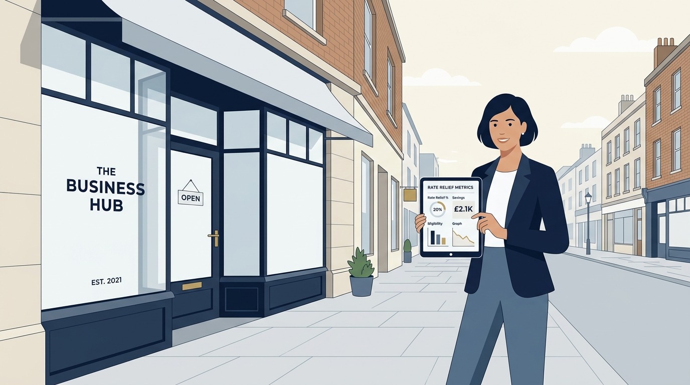 Small business rates relief UK guide showing small business owner analyzing commercial property rateable values and local council relief
