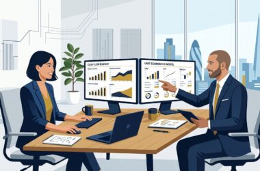 Flat vector editorial illustration of startup founders building cash flow runway and unit economics financial models