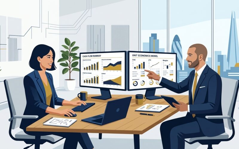 Flat vector editorial illustration of startup founders building cash flow runway and unit economics financial models