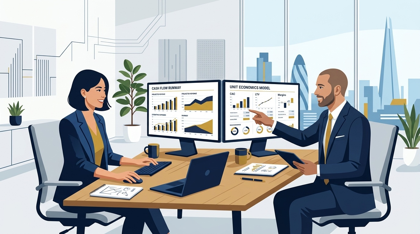 Flat vector editorial illustration of startup founders building cash flow runway and unit economics financial models