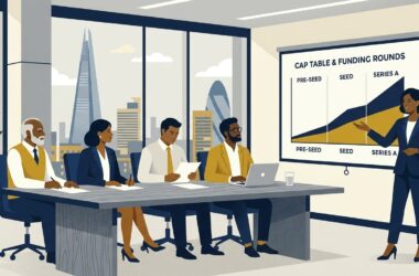 Flat vector editorial illustration of a UK startup founder pitching cap table growth to angel investors and venture capital