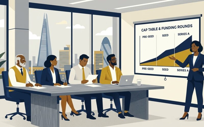Flat vector editorial illustration of a UK startup founder pitching cap table growth to angel investors and venture capital