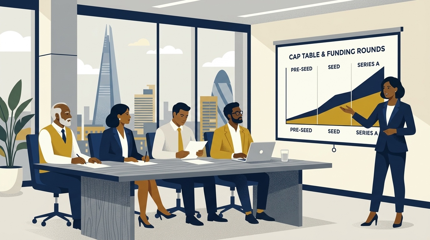 Flat vector editorial illustration of a UK startup founder pitching cap table growth to angel investors and venture capital