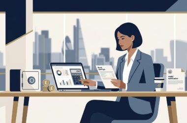 Tax crackdown on savings accounts guide illustration showing a UK business owner and financial adviser reviewing savings tax statements and cash ISA limits in London office