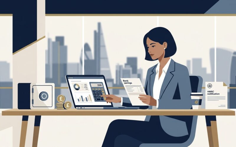 Tax crackdown on savings accounts guide illustration showing a UK business owner and financial adviser reviewing savings tax statements and cash ISA limits in London office