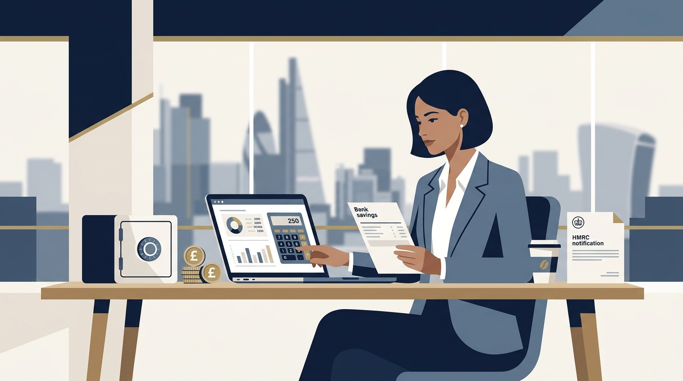 Tax crackdown on savings accounts guide illustration showing a UK business owner and financial adviser reviewing savings tax statements and cash ISA limits in London office