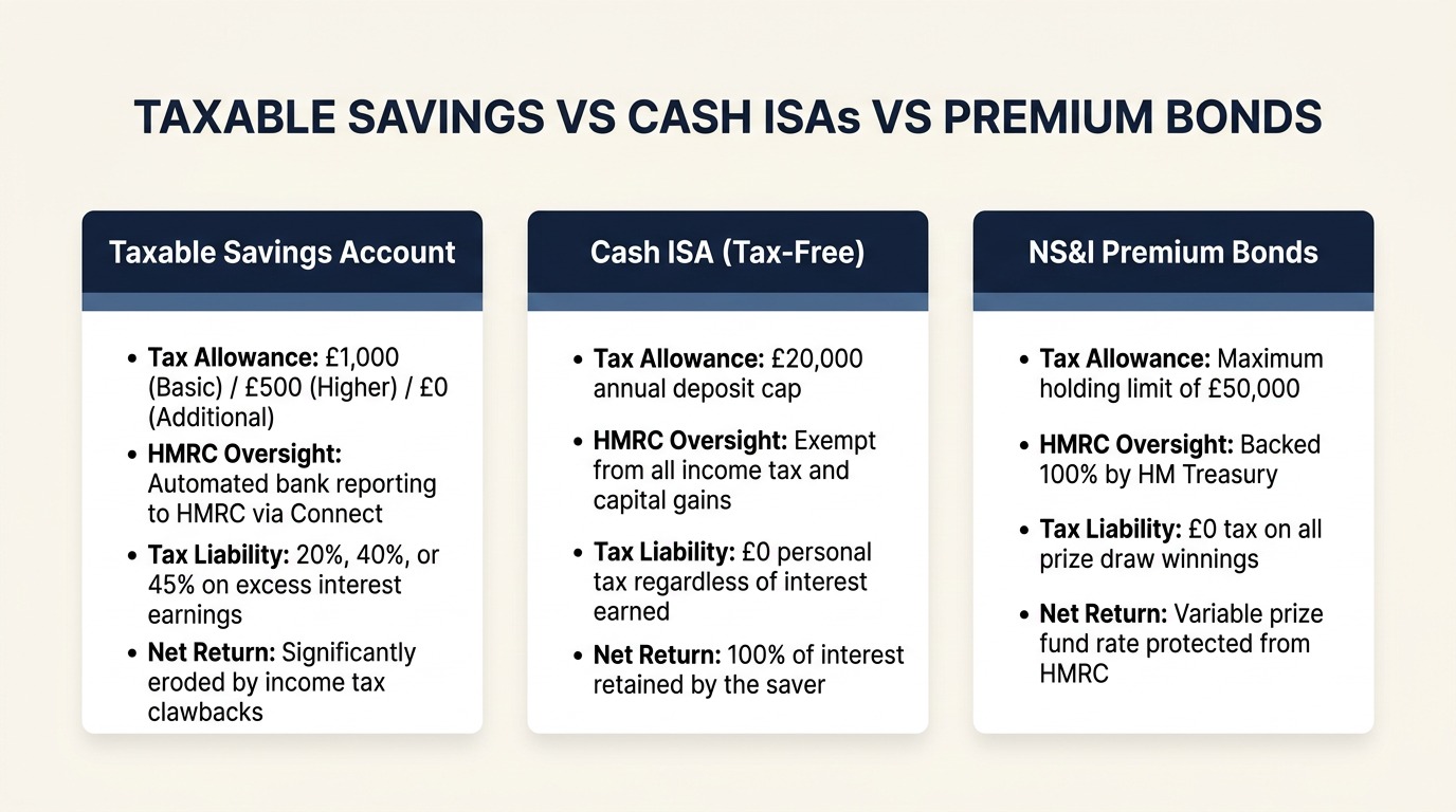 Comparison matrix showing tax treatment, annual contribution limits, and net yields between standard savings accounts, cash ISAs, and NS&I premium bonds