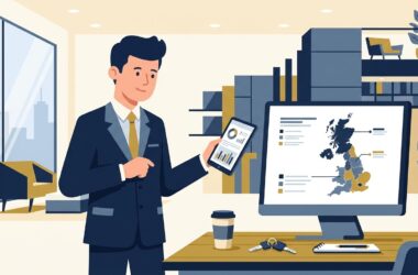 Flat vector editorial illustration of a territory sales manager reviewing regional accounts and sales performance