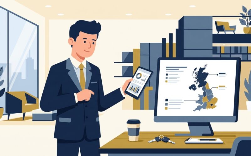 Flat vector editorial illustration of a territory sales manager reviewing regional accounts and sales performance