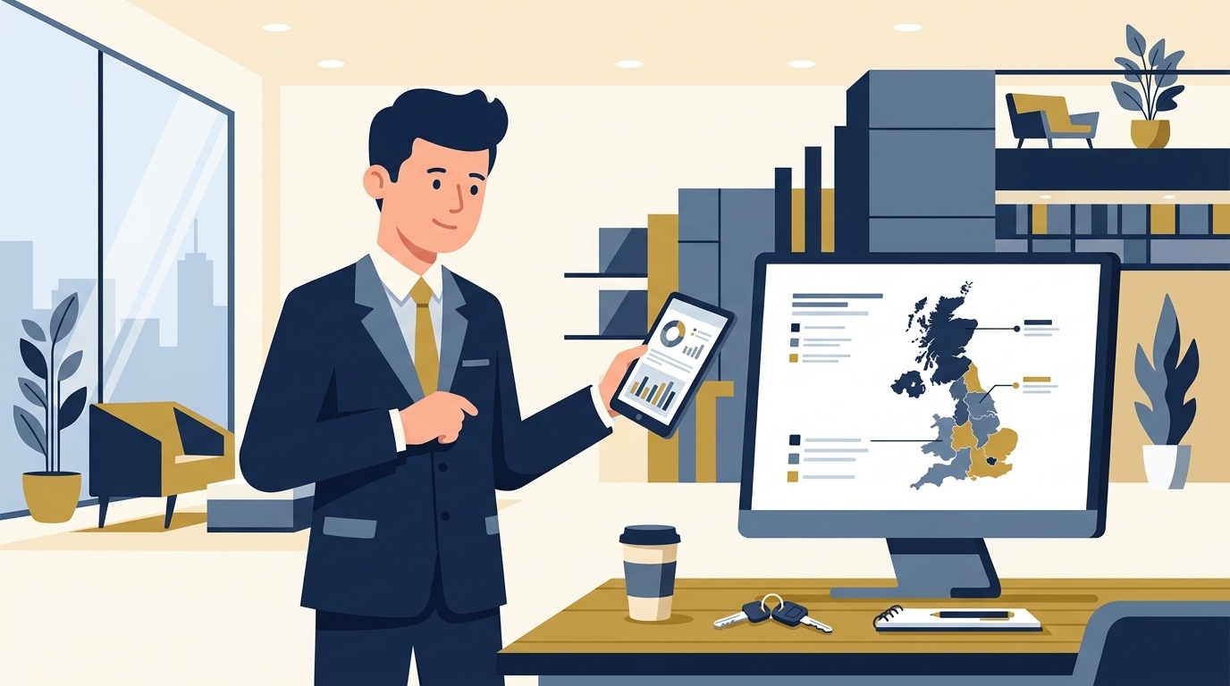 Flat vector editorial illustration of a territory sales manager reviewing regional accounts and sales performance