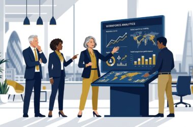 Flat vector editorial illustration of corporate HR leaders analyzing employee retention and workforce analytics