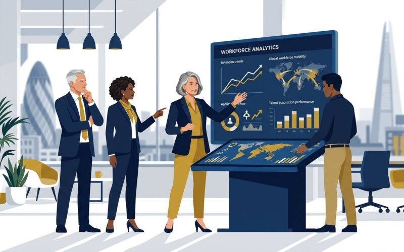 Flat vector editorial illustration of corporate HR leaders analyzing employee retention and workforce analytics