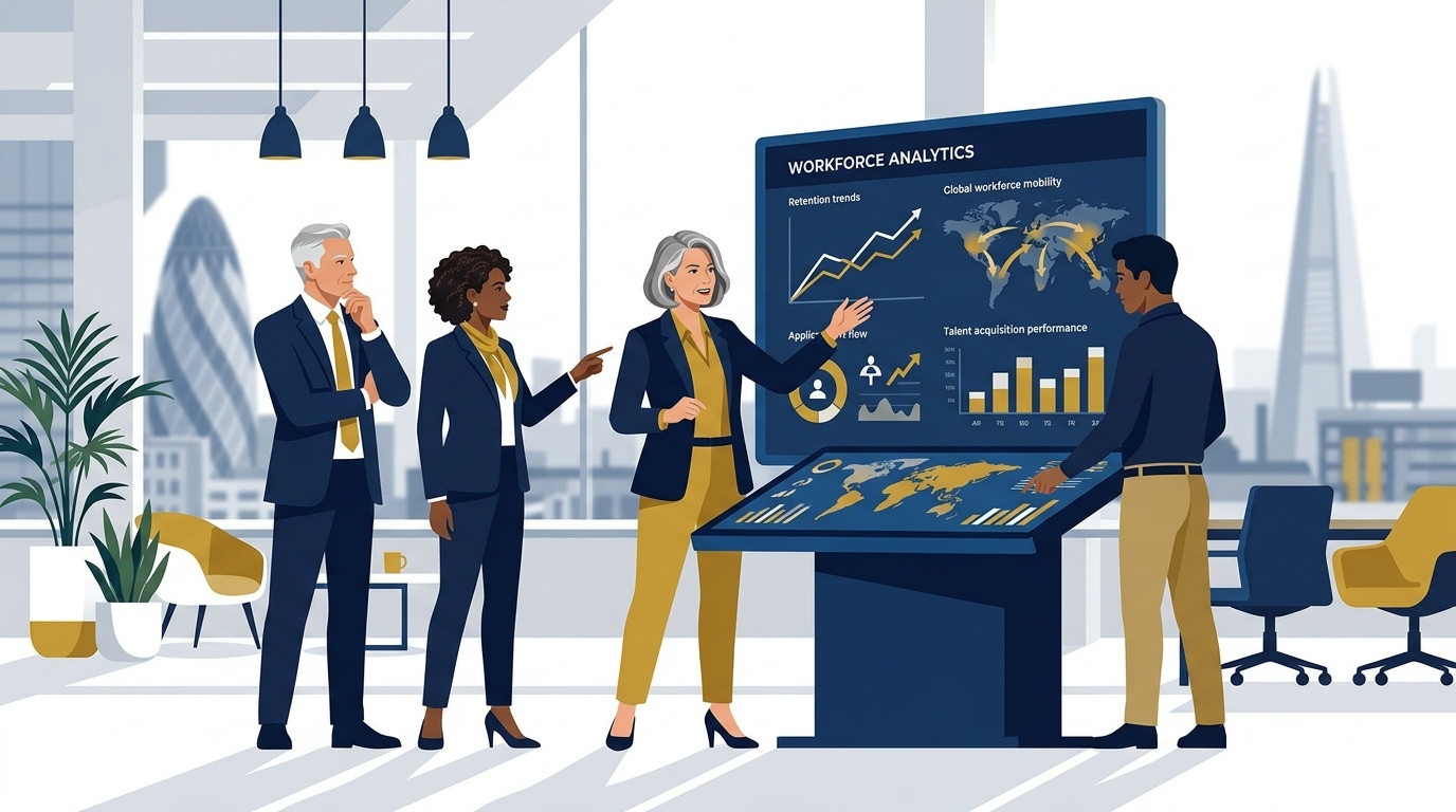 Flat vector editorial illustration of corporate HR leaders analyzing employee retention and workforce analytics