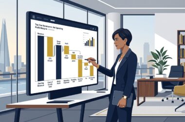Flat vector editorial illustration of a UK business founder reviewing top-line revenue versus net operating profit on an interactive waterfall chart