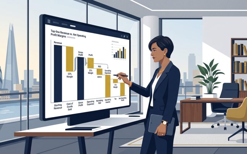 Flat vector editorial illustration of a UK business founder reviewing top-line revenue versus net operating profit on an interactive waterfall chart