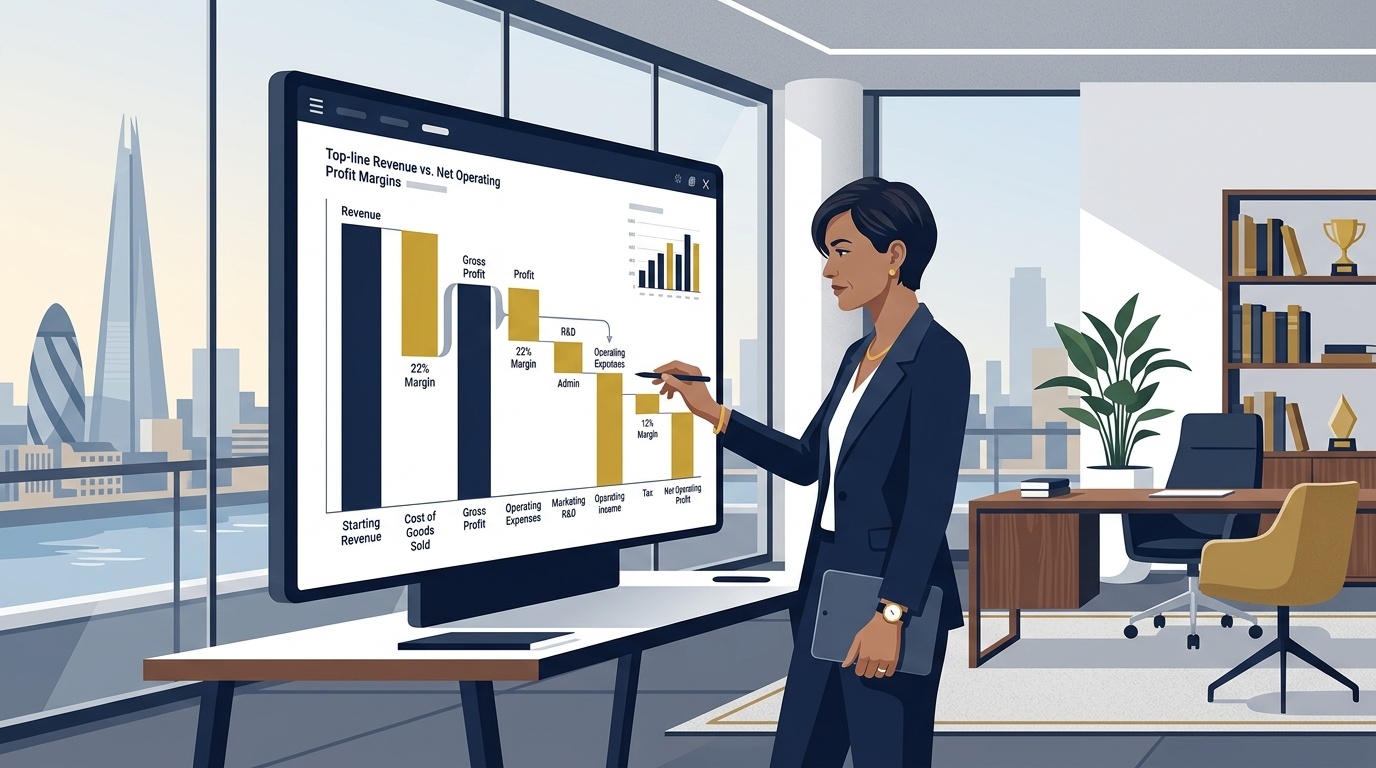 Flat vector editorial illustration of a UK business founder reviewing top-line revenue versus net operating profit on an interactive waterfall chart
