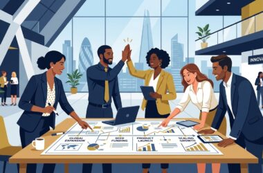 Flat vector editorial illustration of UK startup founders collaborating around a business roadmap in a modern tech office