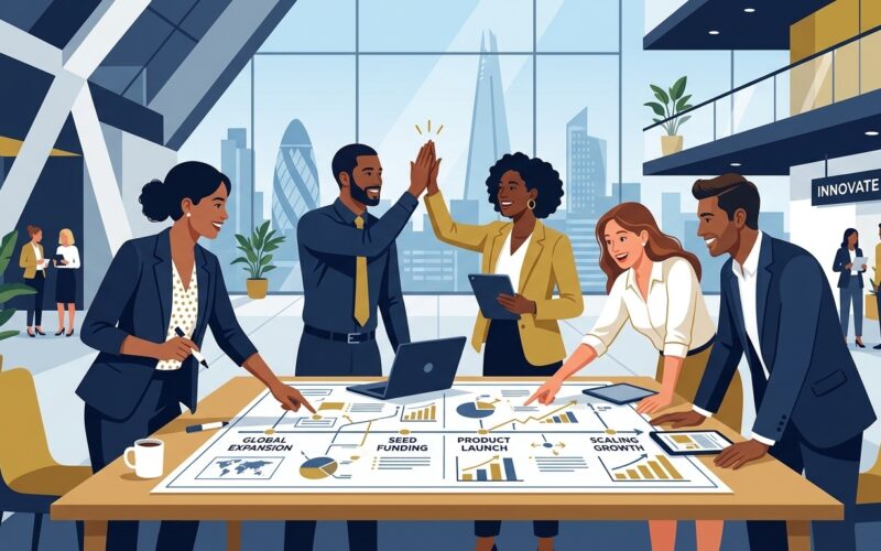 Flat vector editorial illustration of UK startup founders collaborating around a business roadmap in a modern tech office
