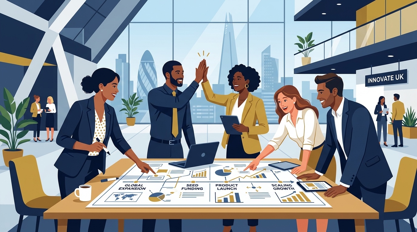 Flat vector editorial illustration of UK startup founders collaborating around a business roadmap in a modern tech office