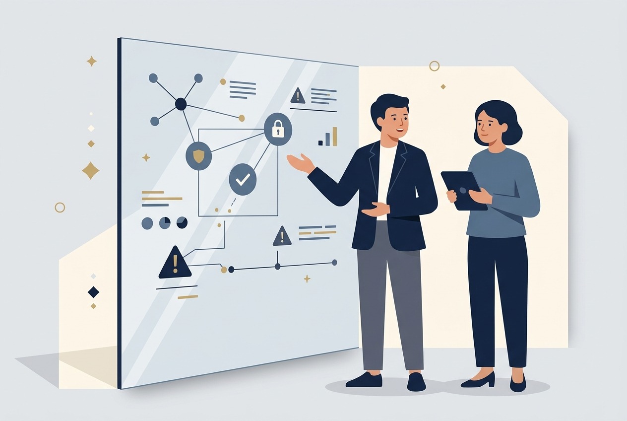 Illustration of digital analysts evaluating website safety indicators and mobile redirect alert workflows
