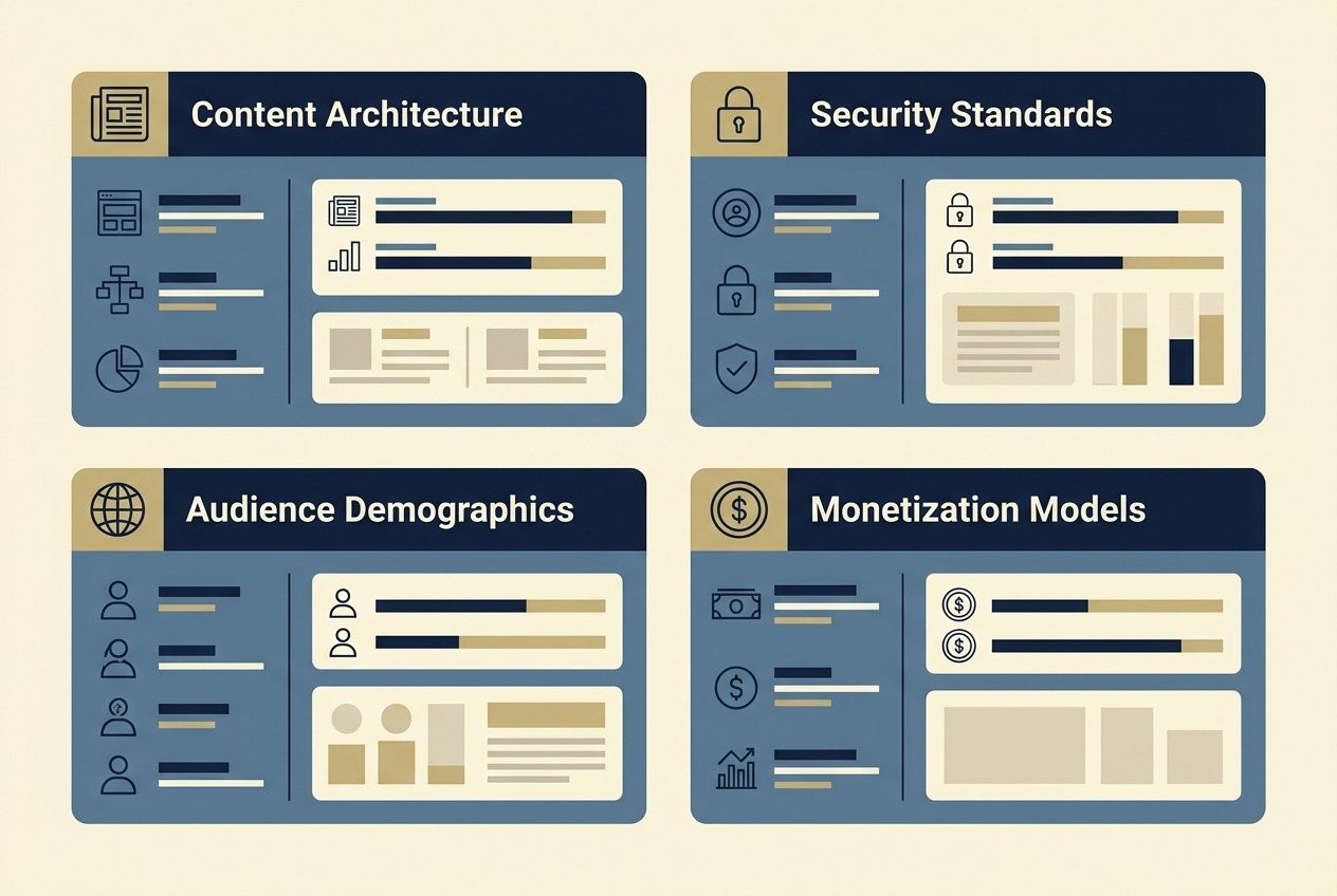 Vector infographic comparing digital publishing pillars including content architecture, security, audience, and monetization