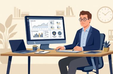 Flat vector illustration of a media intelligence analyst evaluating tozymagazine.com usa web traffic and security badges