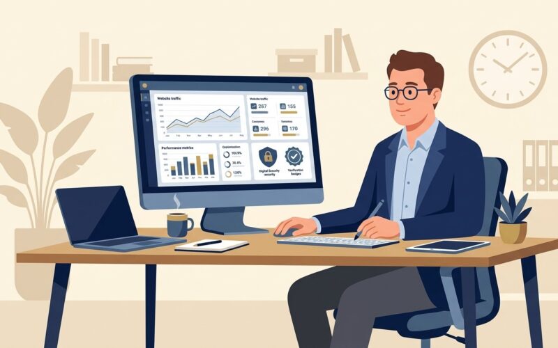Flat vector illustration of a media intelligence analyst evaluating tozymagazine.com usa web traffic and security badges