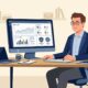 Flat vector illustration of a media intelligence analyst evaluating tozymagazine.com usa web traffic and security badges