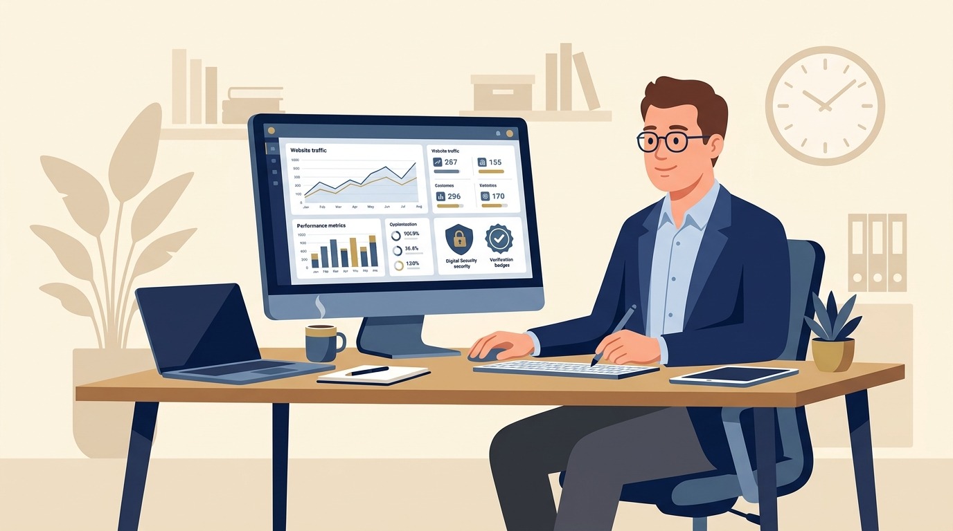 Flat vector illustration of a media intelligence analyst evaluating tozymagazine.com usa web traffic and security badges