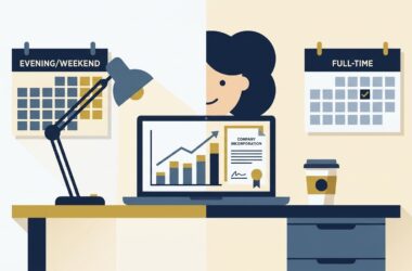 Flat vector editorial illustration of an entrepreneur transitioning from evening side hustle to full time incorporated business