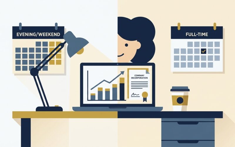 Flat vector editorial illustration of an entrepreneur transitioning from evening side hustle to full time incorporated business