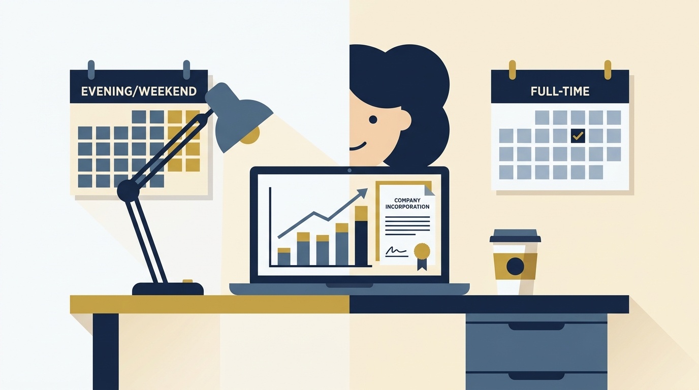 Flat vector editorial illustration of an entrepreneur transitioning from evening side hustle to full time incorporated business