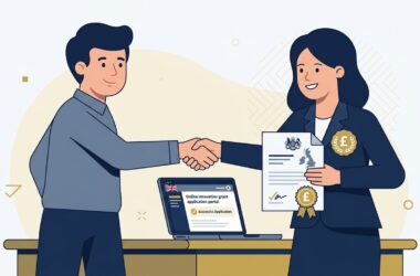 Flat vector editorial illustration of a UK business owner receiving grant approval from a funding officer
