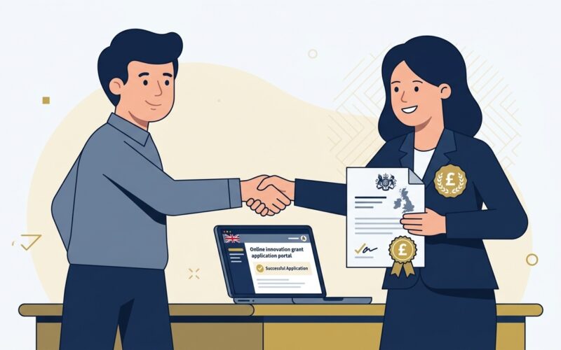 Flat vector editorial illustration of a UK business owner receiving grant approval from a funding officer
