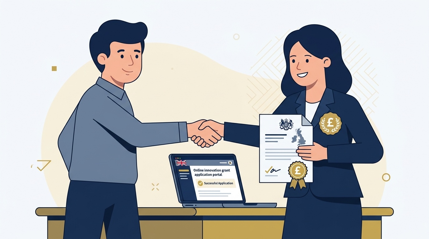 Flat vector editorial illustration of a UK business owner receiving grant approval from a funding officer