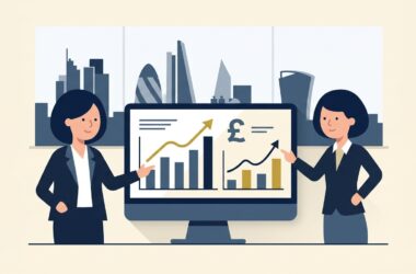 Flat vector editorial illustration of UK business leaders reviewing economic growth charts and sterling forecasts