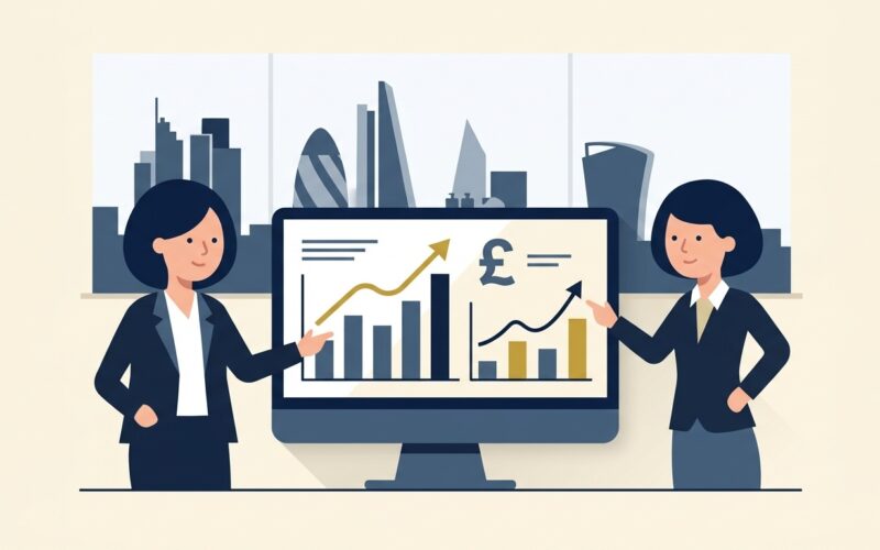 Flat vector editorial illustration of UK business leaders reviewing economic growth charts and sterling forecasts