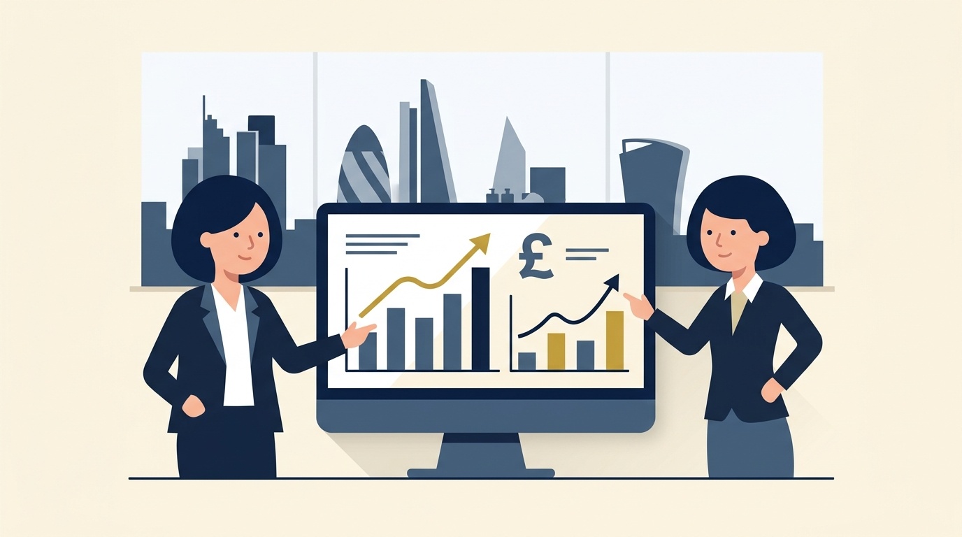 Flat vector editorial illustration of UK business leaders reviewing economic growth charts and sterling forecasts