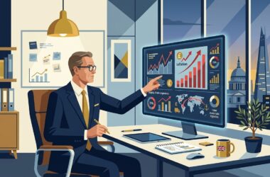 Flat vector editorial illustration of a UK small business owner analyzing inflation trends and supply chain costs on a digital screen