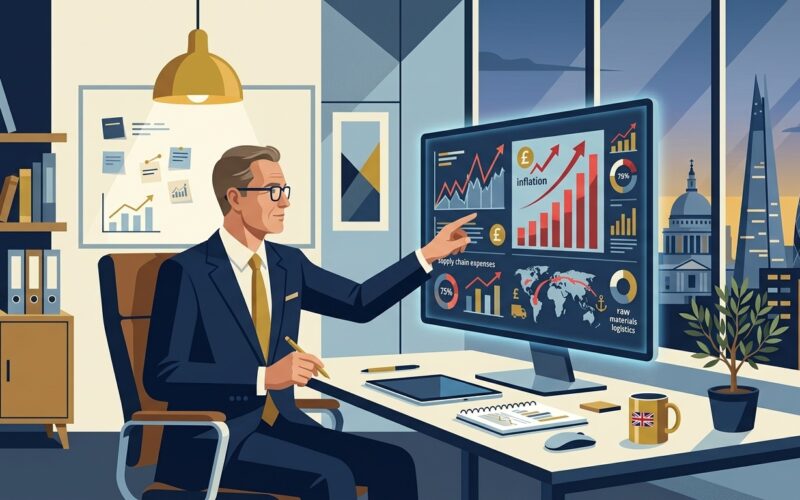 Flat vector editorial illustration of a UK small business owner analyzing inflation trends and supply chain costs on a digital screen