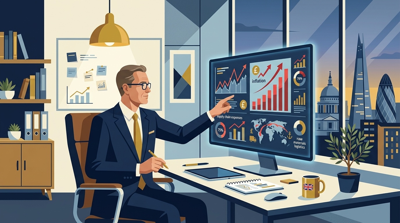 Flat vector editorial illustration of a UK small business owner analyzing inflation trends and supply chain costs on a digital screen