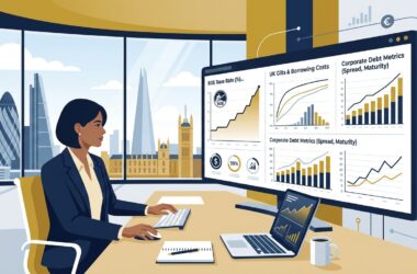 Flat vector editorial illustration of a financial director analyzing Bank of England base rate increases and borrowing costs