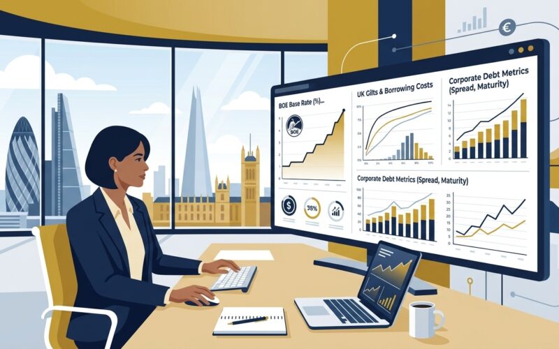 Flat vector editorial illustration of a financial director analyzing Bank of England base rate increases and borrowing costs