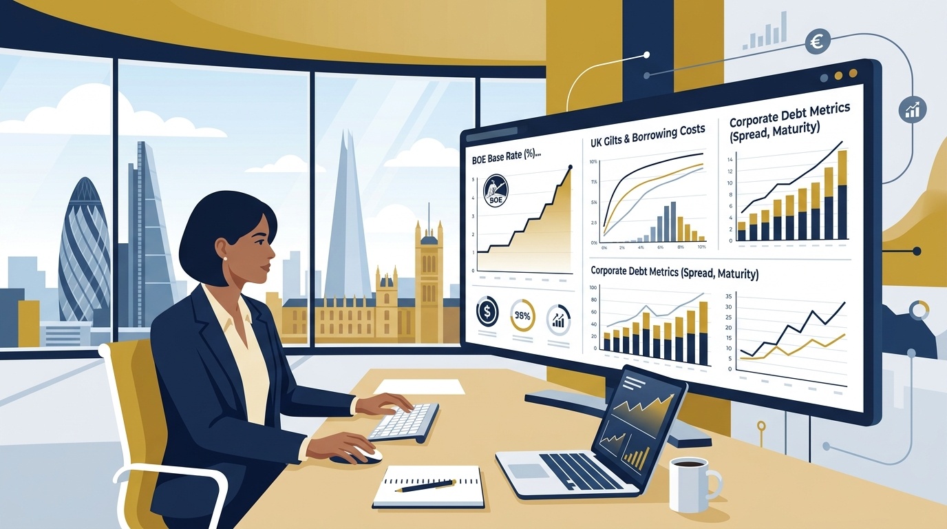 Flat vector editorial illustration of a financial director analyzing Bank of England base rate increases and borrowing costs