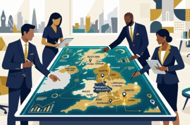 Flat vector editorial illustration of corporate leaders reviewing a UK regional business expansion map