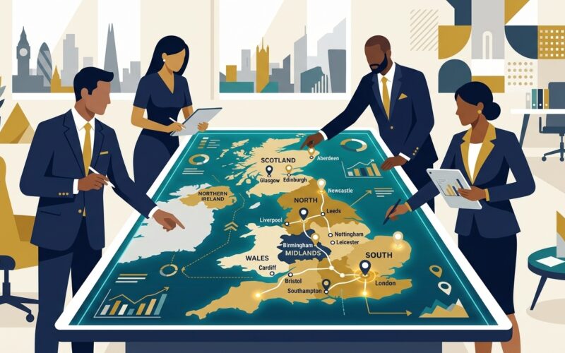 Flat vector editorial illustration of corporate leaders reviewing a UK regional business expansion map