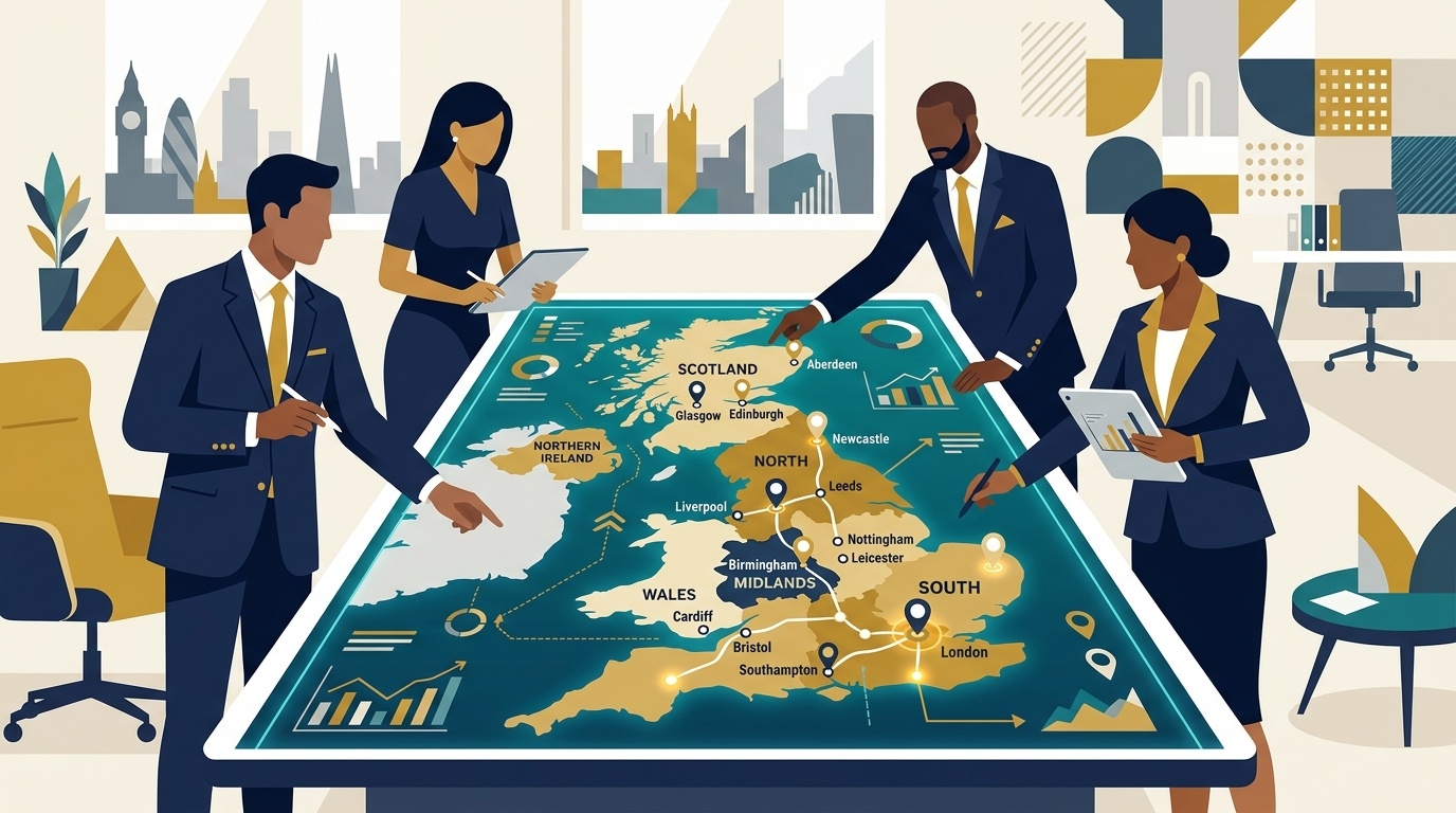 Flat vector editorial illustration of corporate leaders reviewing a UK regional business expansion map
