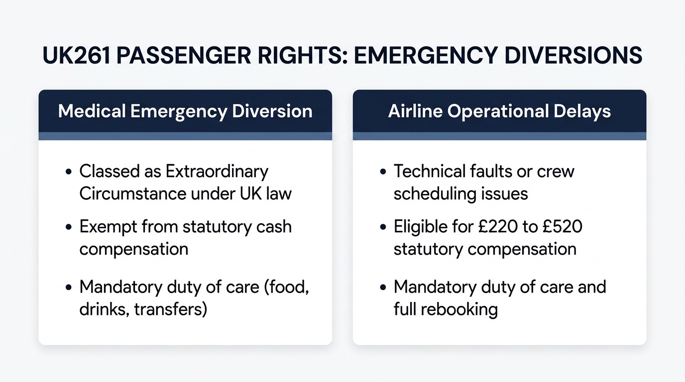 Comparison matrix of passenger rights under UK261 during extraordinary medical emergency diversions versus airline operational delays