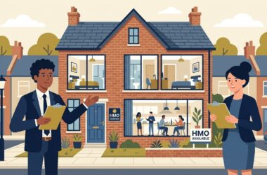 Flat vector editorial illustration of a converted UK terraced HMO property with professional property managers reviewing compliance floorplans